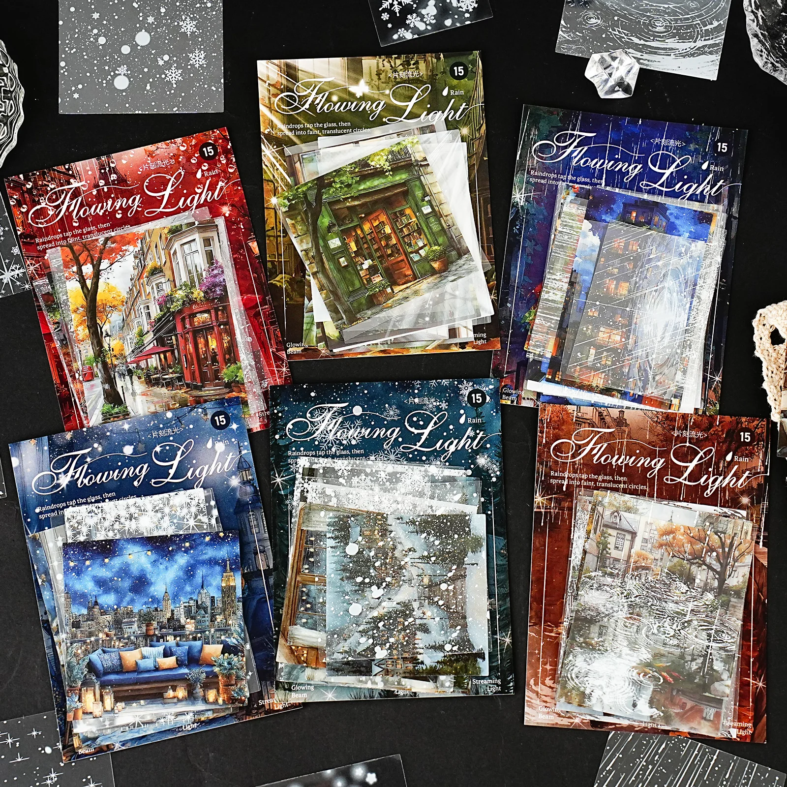 15Pcs Momentary Glitter Series Vintage Raindrop with Cityscape Pattern Sticker Pack DIY Decoration, Handmade Scrapbook, Children's Gift Paper Bag, Wall Stickers, Home Decoration, Student Stationery, Multi-Purpose Decoration