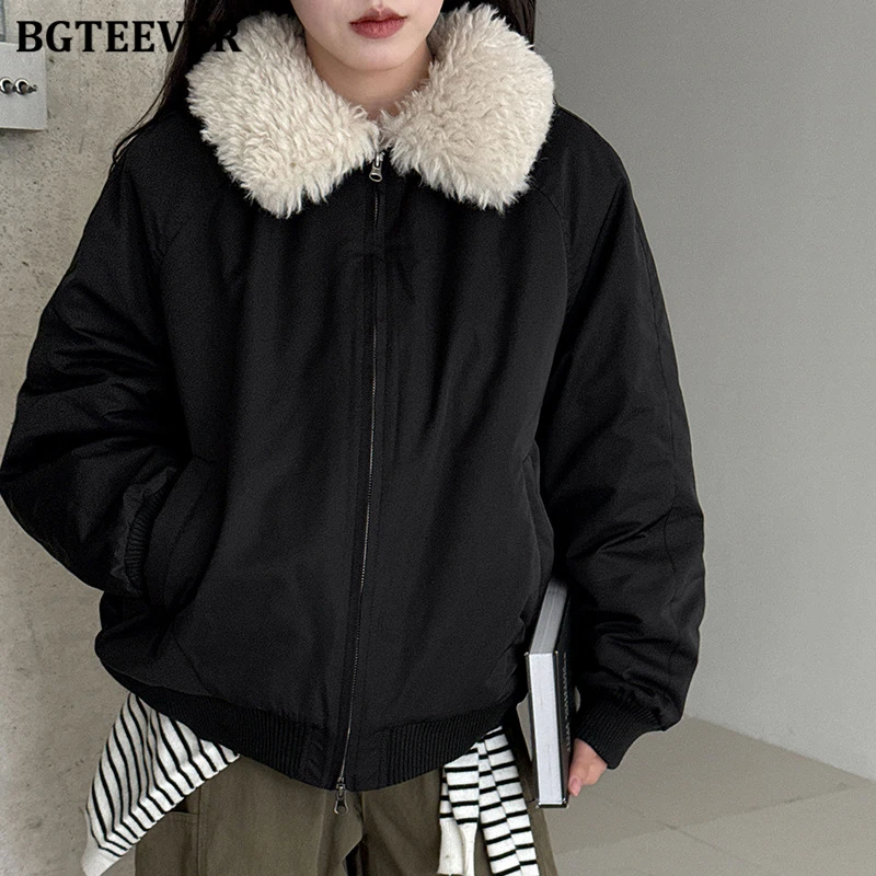 BGTEEVER Eleganckie Jesienno-Zimowe Kurtki Damskie z Luźnymi Kieszeniami, Zapinane na Zamek, Codzienne Kurtki z Długim Rękawem, Kołnierzem, Grube i Ciepłe Płaszcze Damskie