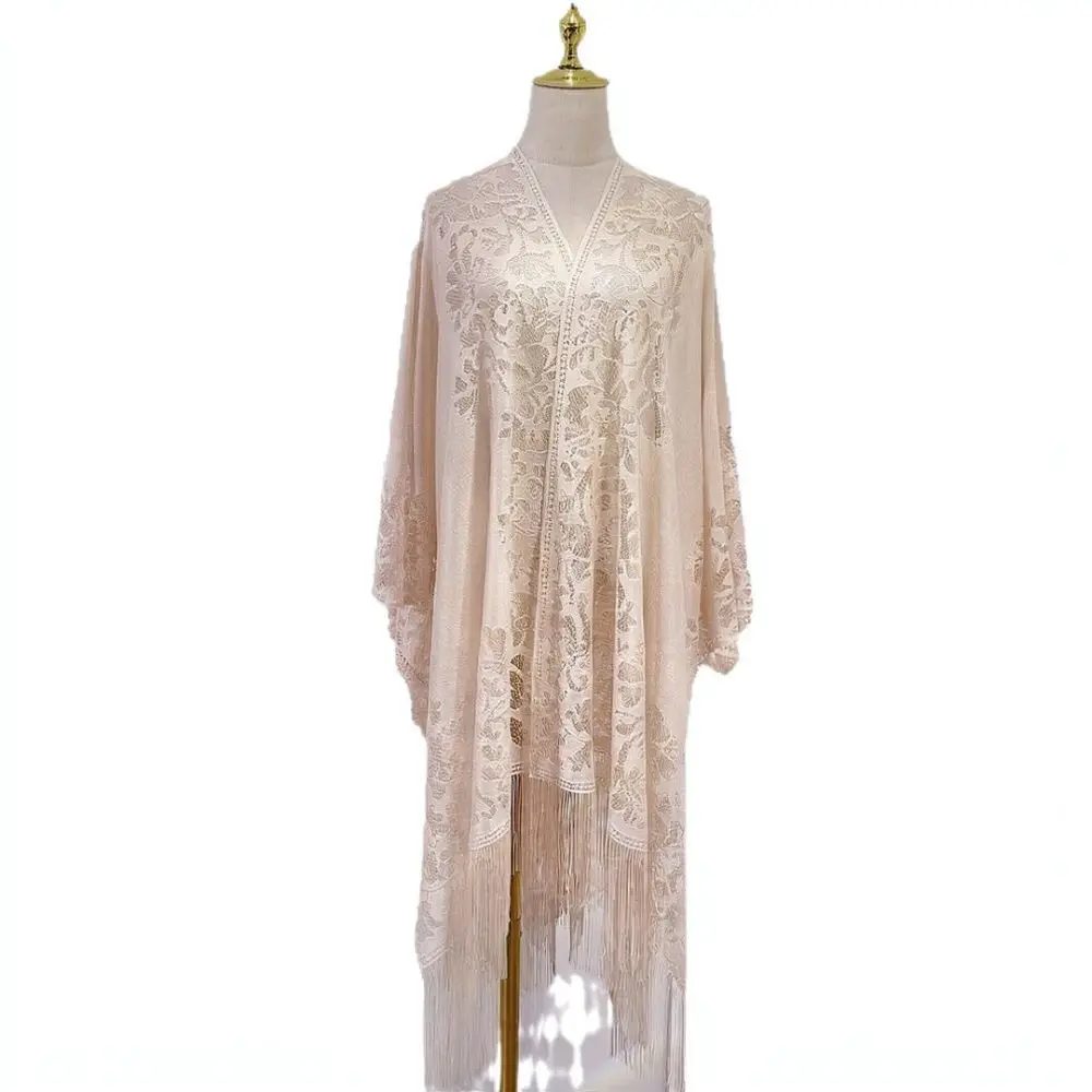 Women Lace Tassel Wrap Shawl Open Front Cardigan Elegant Spring Summer Thin Hollow Out Retro Cheongsam Dress Cover Up