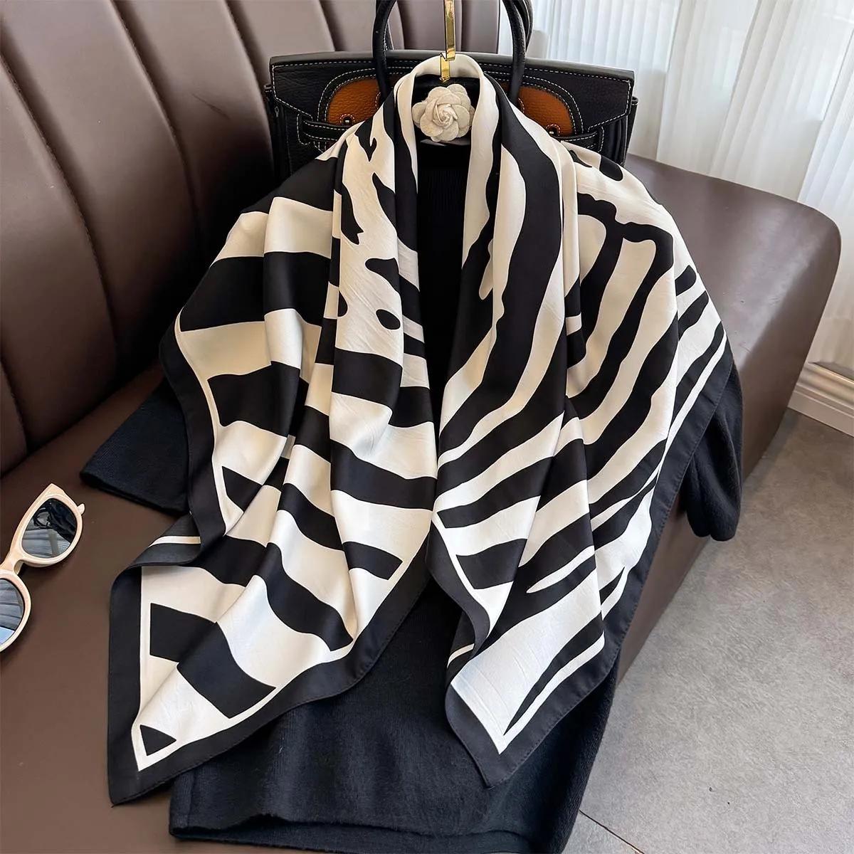 90*90cm Twill Silk Scarf Women Square Bandana Shawls Soft Foulard Femme Hijab Luxury Bufandas Neckerchief Brown Hair Accessories image 6