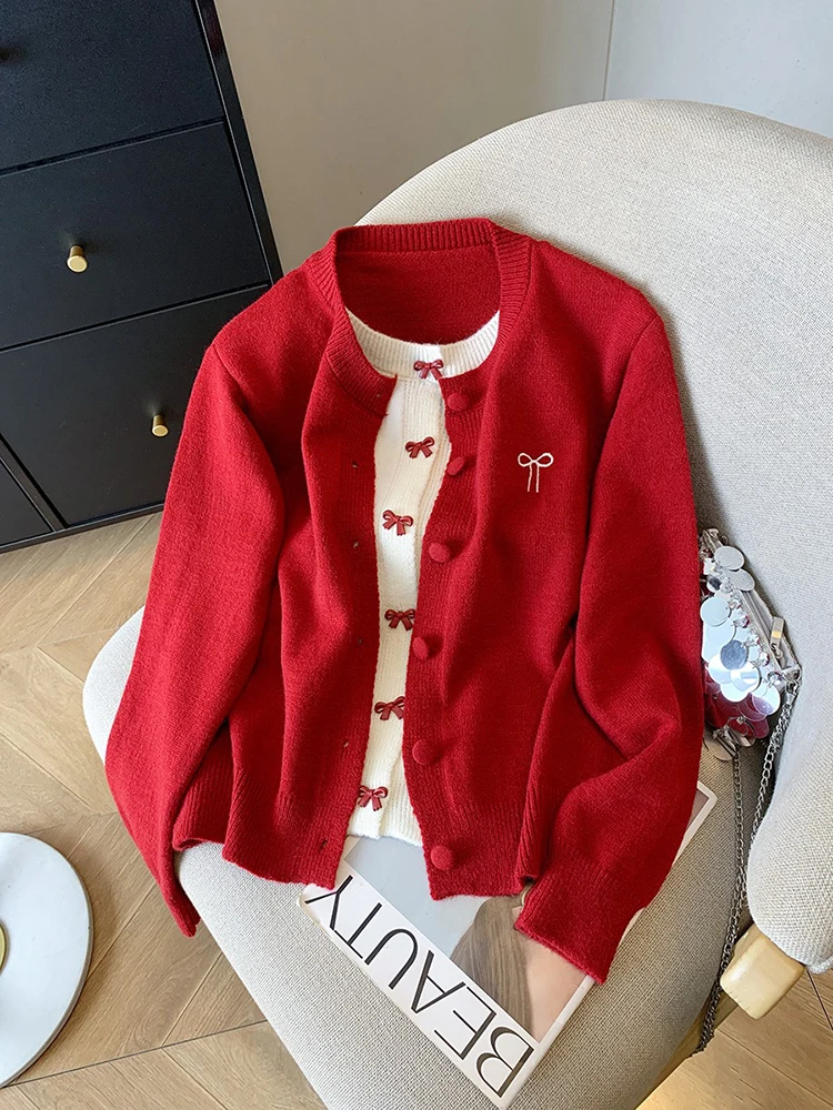 Women's Autumn New Long Sleeve Casual Chic Design Knitwear Top Two-piece Elegant Color Blocking Sweater Cardigan