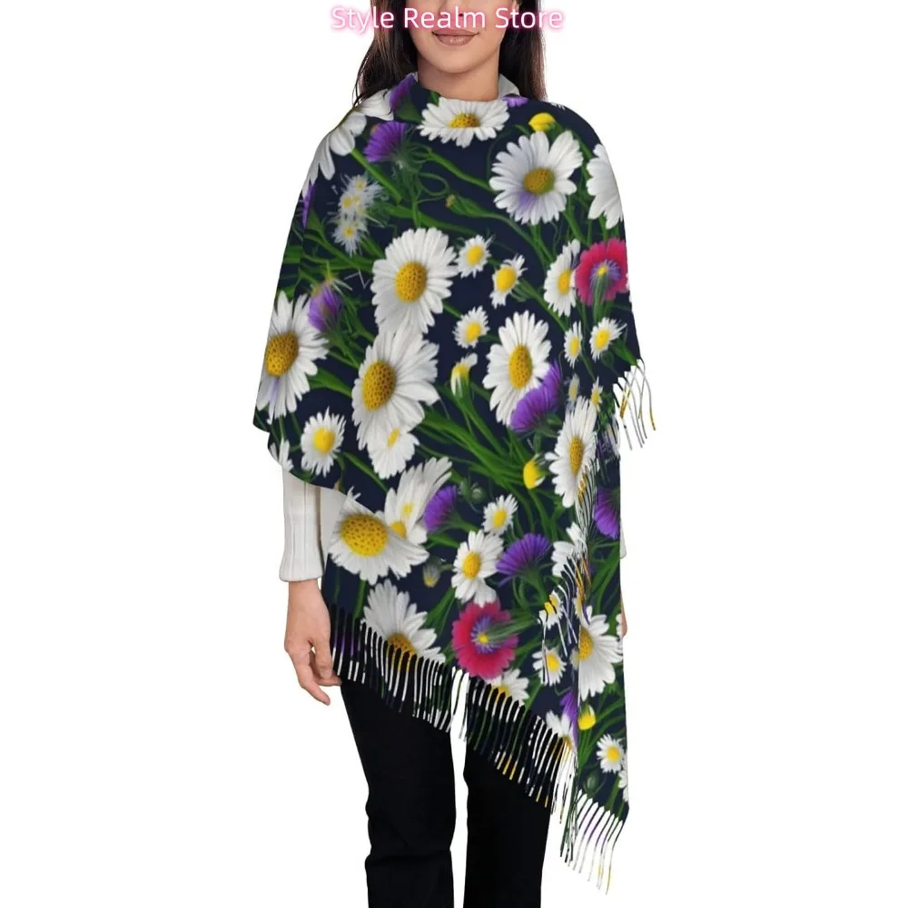 

Женский модный зимний шарф с принтом диких цветов и ромашек, мягкие длинные стильные теплые шаль, шарфы, накидки