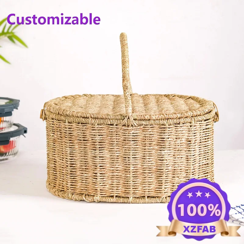 Factory Direct 2026 Cross-border hand-woven storage basket Nordic straw rope woven picnic baske Outdoor camping food handle