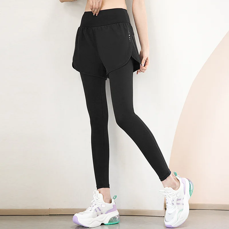 Women's Gym Leggings Elastic High Waist Fake Two Pieces Yoga Pants With Pockets Sportswear Running Tights Gym Yoga Wear