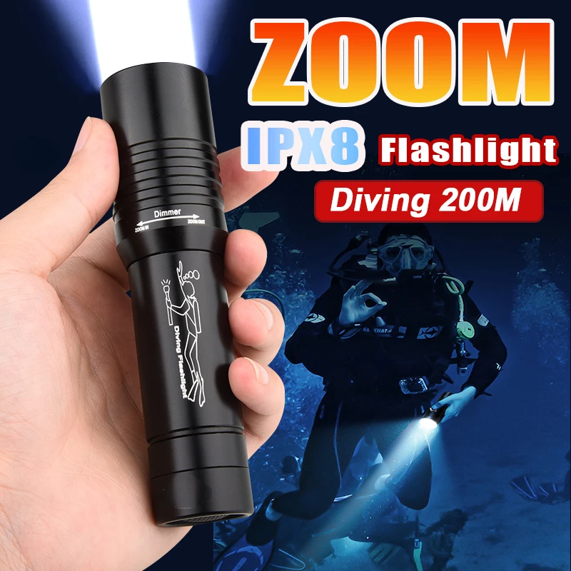 Zoom Diving 200M Подводный фонарик Светодиодный перезаряжаемый портативный профессиональный подводный фонарь IPX8 Водонепроницаемый фонарь для дайвинга