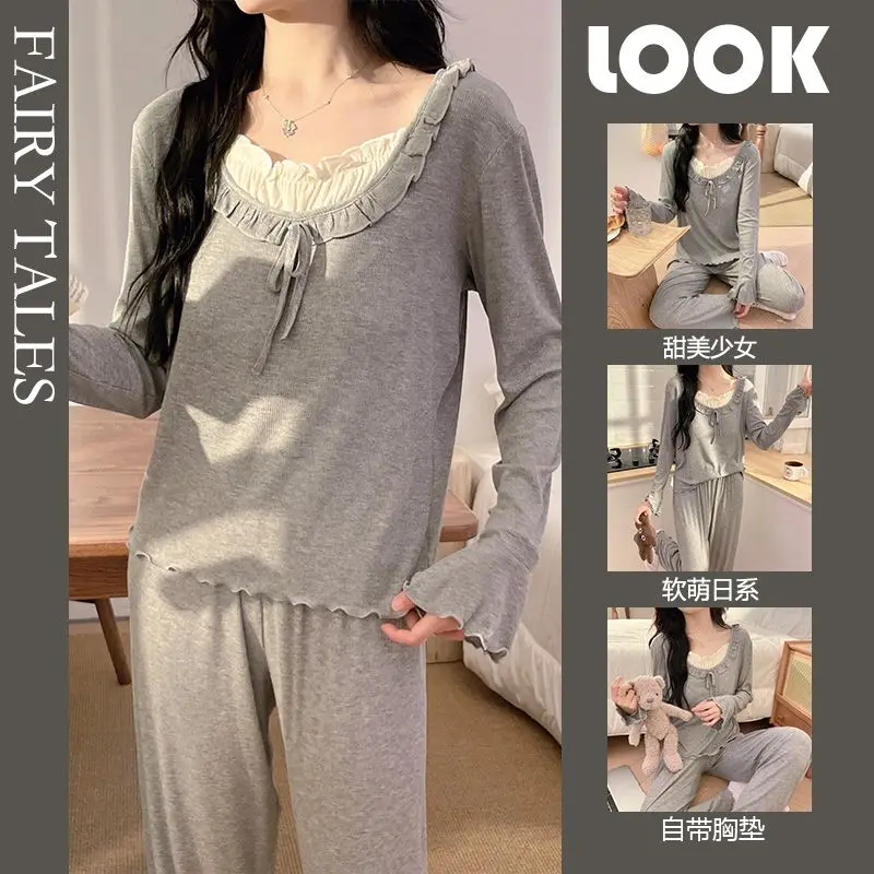 أطقم بيجامات قطنية مشروط بأكمام طويلة لربيع وخريف 2026 للنساء ملابس نوم كورية لطيفة بفيونكة ملابس منزلية ملابس بيجاما موهير #1