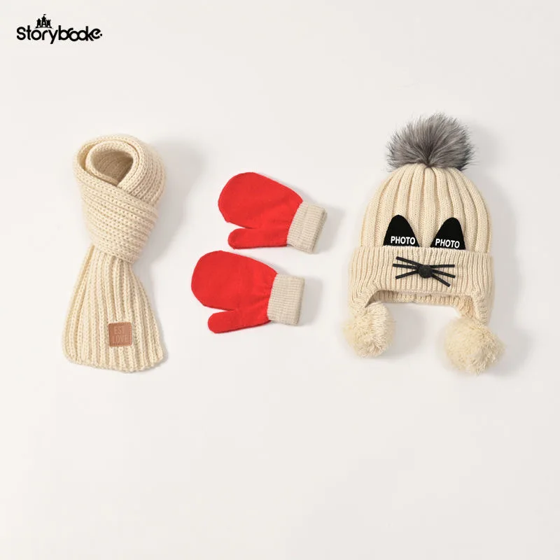 Hat scarf gloves Baby hat scarf gloves three-piece set Autumn/winter children\'s woolen hat boy/girl cartoon cat beard