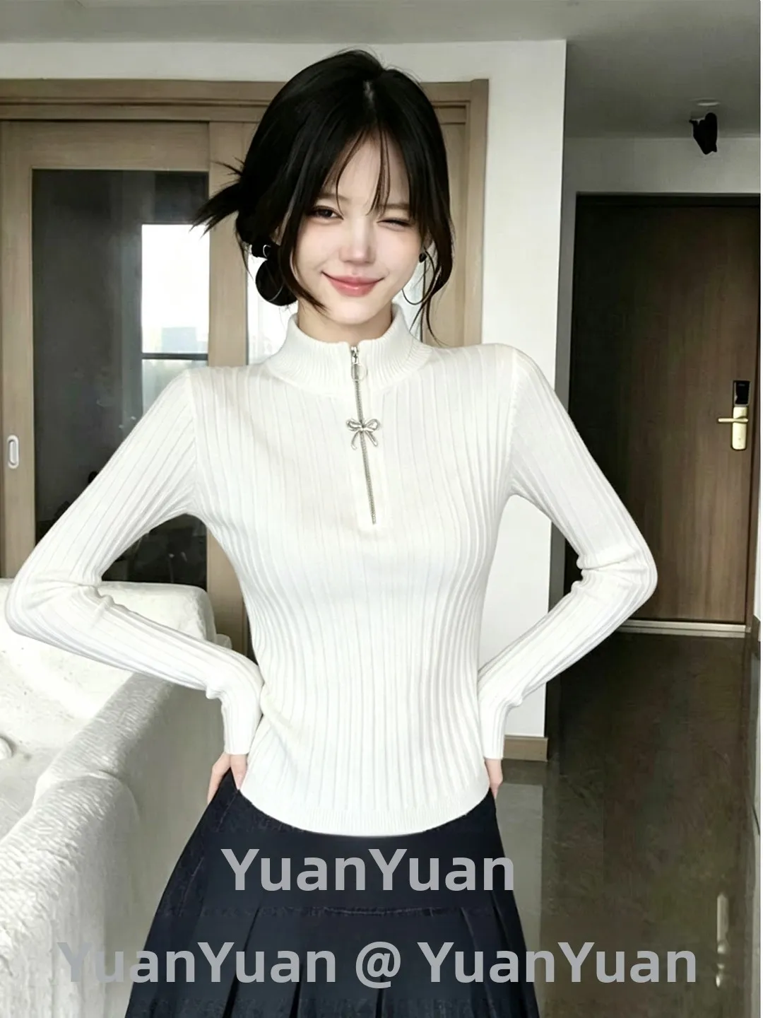 Women's Zipper High Neck Knitwear Slim Fit Two-Way Wear Soft Style Autumn Winter New Arrival Comfortable Breathable Polyester