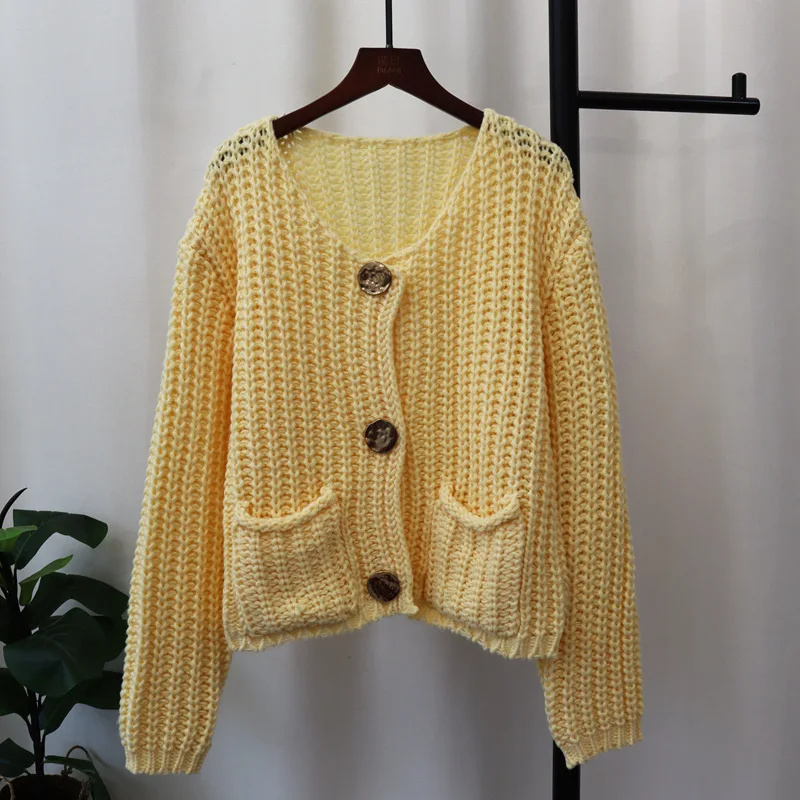 2024 Women's Trendy Autumn/Winter New Solid Color Coarse Needle Sweater Coat Loose Soft Sticky Lazy Style Knitted Cardigan