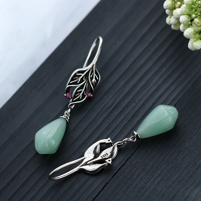 2024 Summer National Trend Electroplating Silver Color Craft Earrings for Women Imitation Jade Plant Retro Earrings Wedding Gift