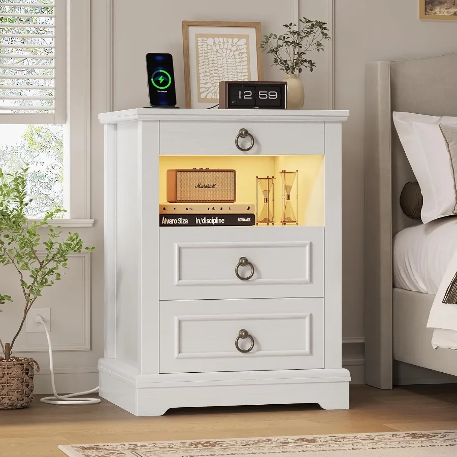 Bedroom nightstand with LED lighting and USB charging station, 3-drawer farmhouse-style wood bedside table featuring open shelf