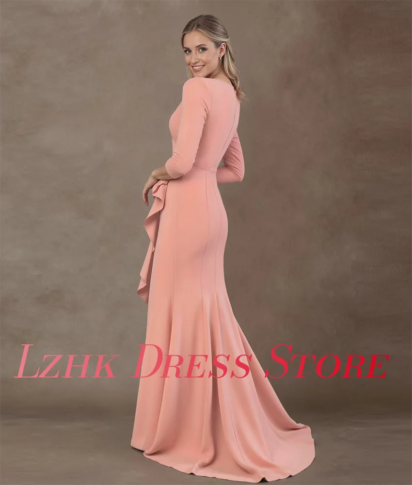 Gaun Malam Ruffles Kristal Putri Duyung Jersey Anggun Kustom Gaun Prom Panjang Lantai Leher-v Lengan 3/4 Mode Baru