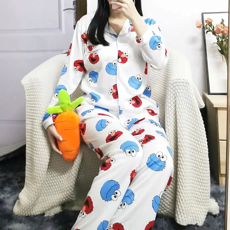 Sesame Street Elmo Cookie Monster Animation Peripheral Cute Cartoon Print Home Clothes Student Dormitory Long Sleeve Pajamas Set