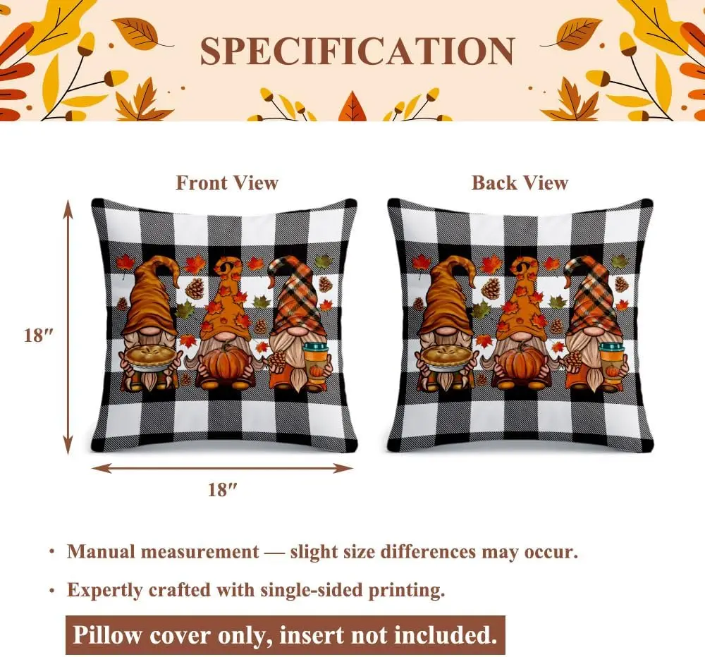 Fall Plaid Gnome Throw Pillow Cover 18x18,Farmhouse Autumn Decor with Buffalo Plaid,Pumpkin Pie Pillow Cover for Bedding Bedroom