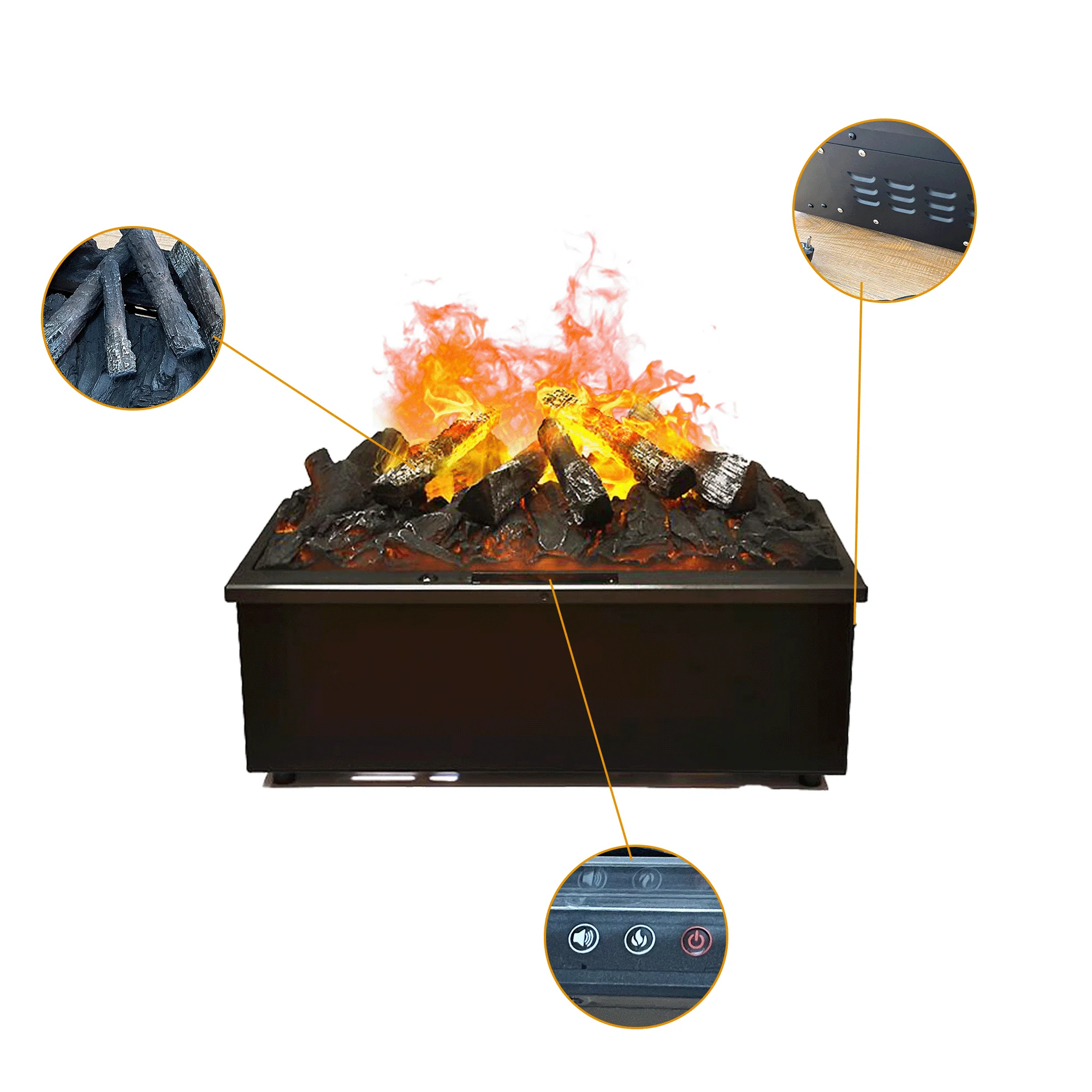 Realistic Electric Fireplace Remote Control Water Vapor Flame Effect Built-In Installation Dimmable Light Log  Metal