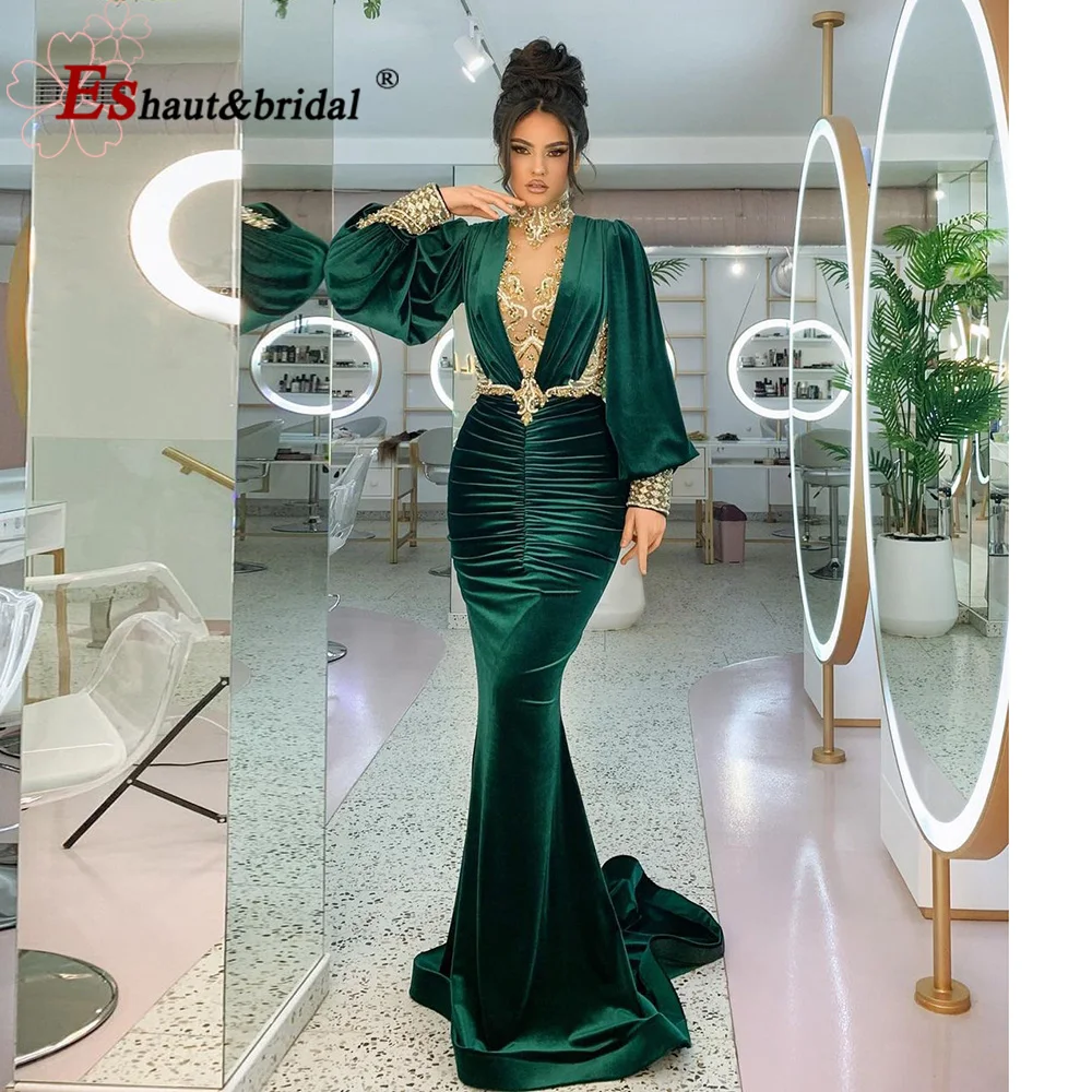 Elegant Dubai Mermaid Evening Night Dress for Women 2023 High Neck Long Sleeves Beads Crystal Formal Prom Wedding Party Gowns