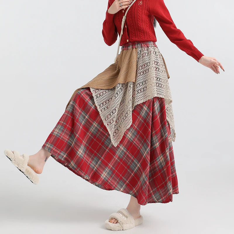 2024 New Autumn Winter Women High Waist Slim Long Skirt High Quality Contrast Color Irregular Patchwork Plaid Woolen Skirt