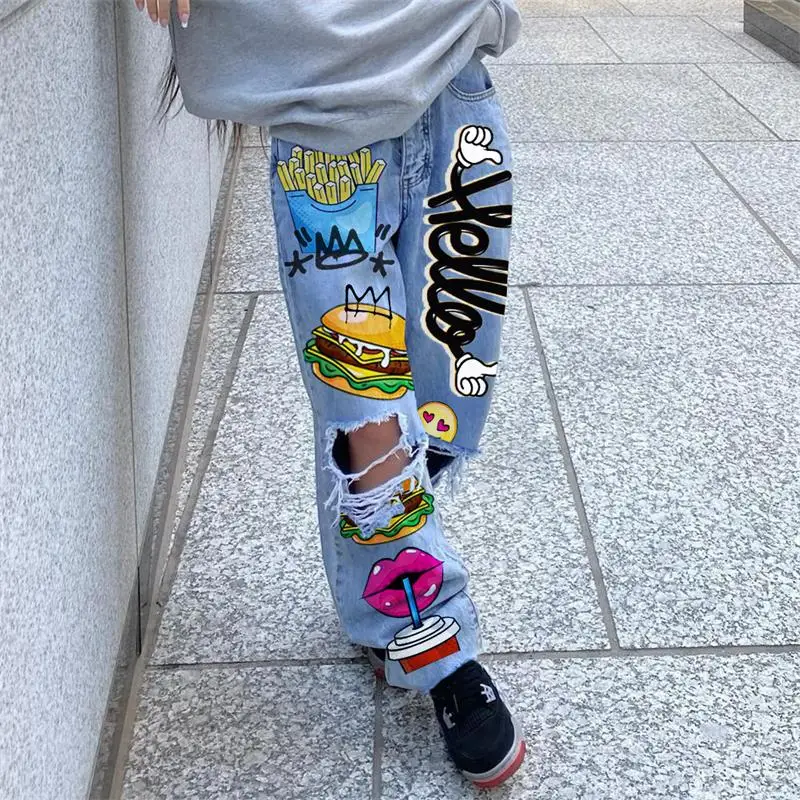 

Women's Jeans Spring And Autumn New Hip Hop Print High Waist Hole Casual Loose Large Size Jeans