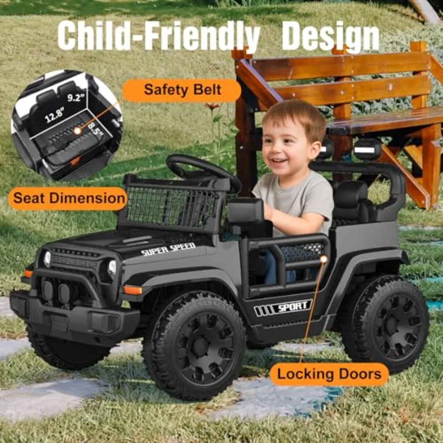 รถยนต์เด็กนั่งขับ 12V พร้อมรีโมทคอนโทรลสำหรับผู้ปกครอง รถยนต์ไฟฟ้าสำหรับเด็กเล็กพร้อมระบบกันสะเทือนแบบสปริง ไฟ LED และเครื่องเล่นเพลง - แบตเตอรี่ปลอดภัย