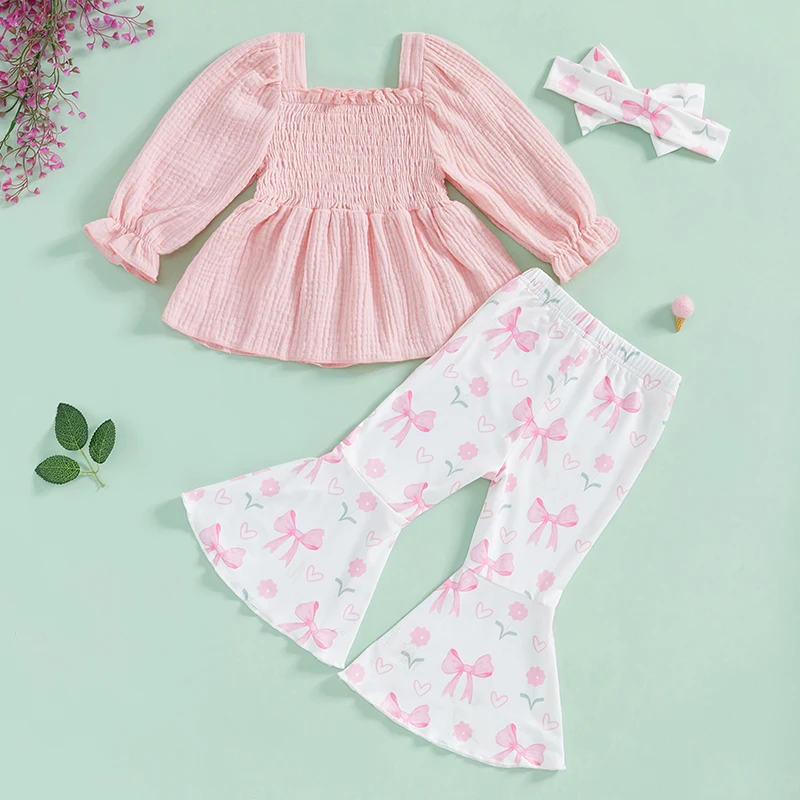 SUNSIOM Baby Girl 2Pcs Spring Fall Outfits Long Sleeve Smocked Tops with Flare Pants Set Toddler Clothes