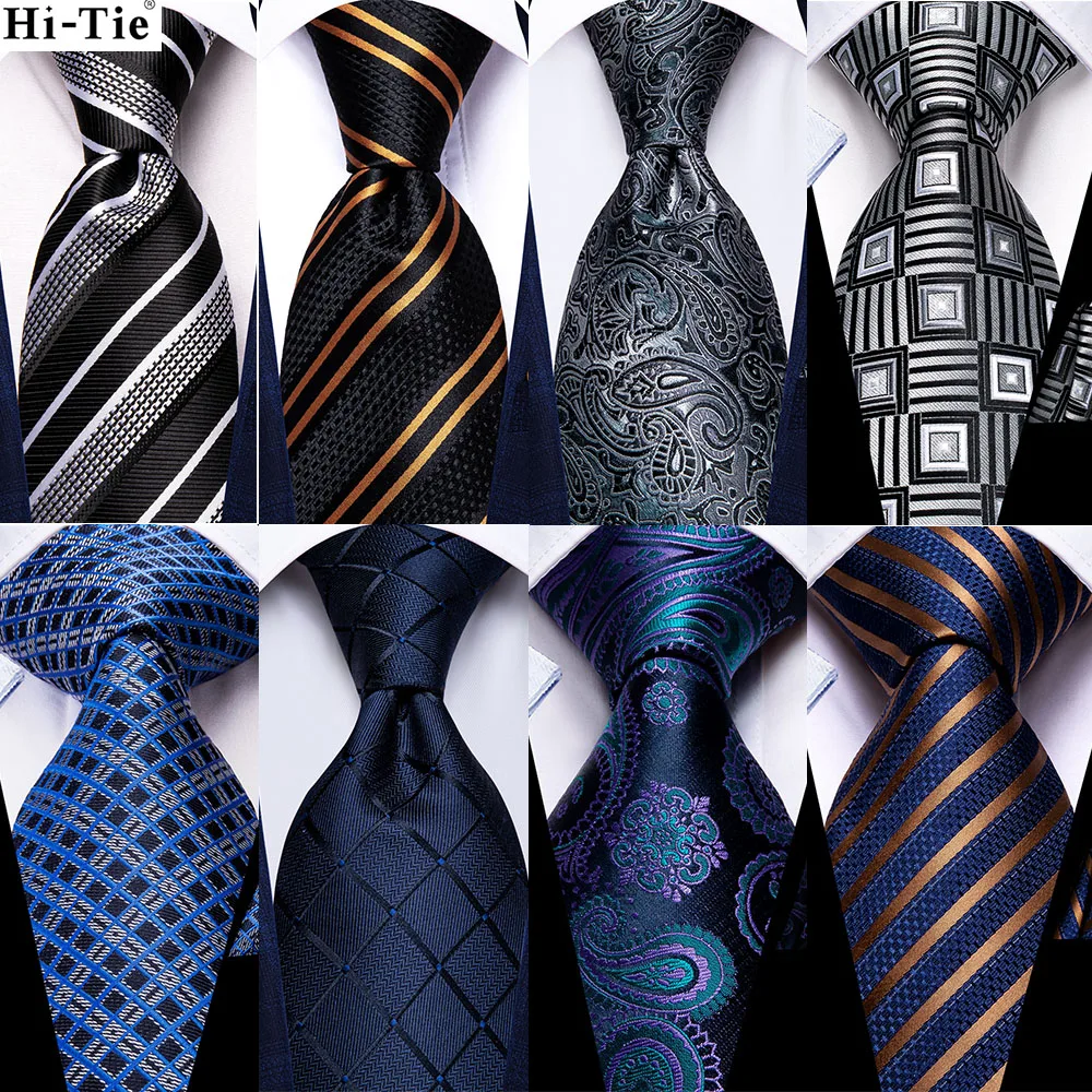 Hi-Tie Designer Black Plaid 63inch Silk Mens Tie 160cm Extra Long Ties for Men Woven Classic Mens Necktie Pocket Square Set