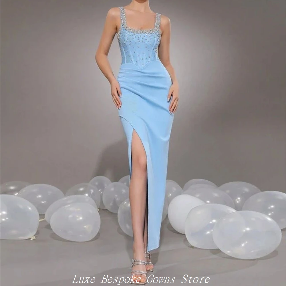 

Women's Formal Evening Gowns Straight Ankle-length Square Collar Sleeveless Prom Dresses Fashion Crystal Pleat Customized Gowns