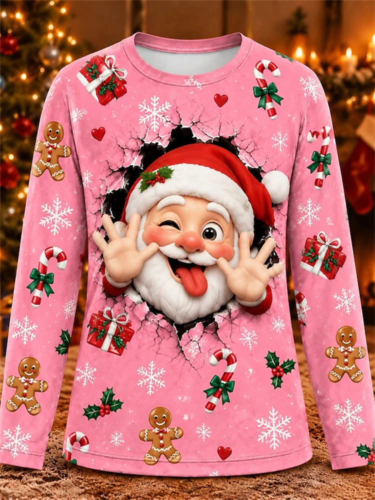 2026 New Christmas Long-Sleeve Top Women's Crew Neck Tee with Cute Santa Print Perfect for Year's Holiday Parties Women