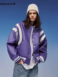 Mauroicardi Spring Autumn Cool Loose Purple and White Patchwork Pu Leather Bomber Jacket Men Zipper Luxury Designer Clothes 2023