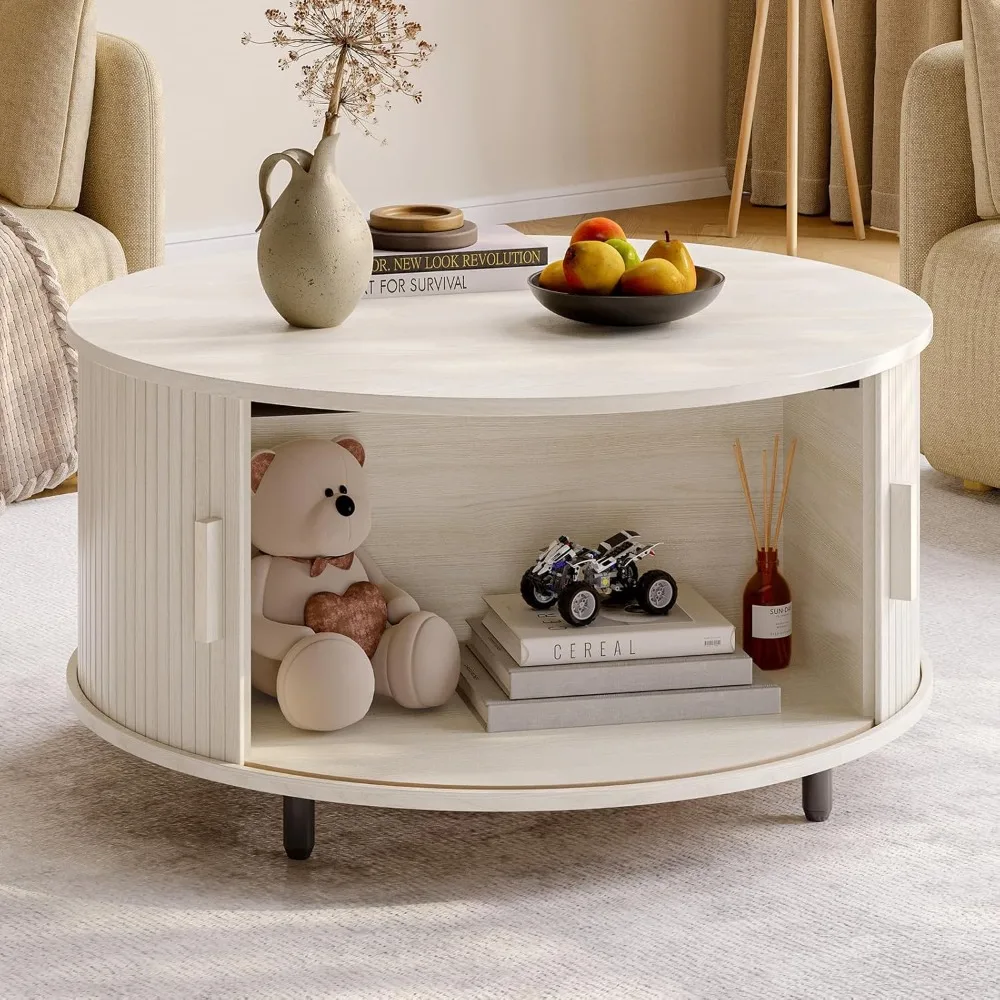 

Round Coffee Table with Storage, 31.5 Modern Coffee Table with 360° Curved Sliding Door, Fluted Wood Coffee Table with A