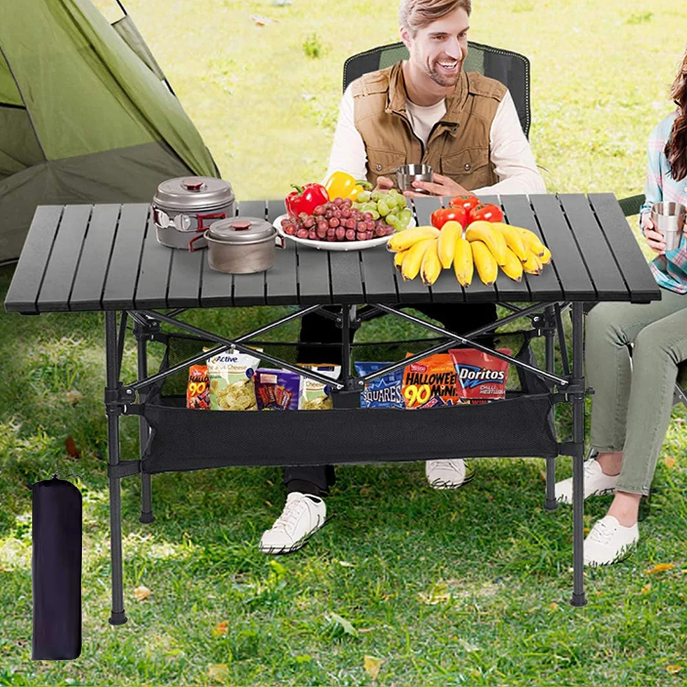 Tables pliantes d'extérieur longues et portables, type « Egg Roll », pour camping, pêche, barbecue, faciles à installer, avec panier de rangement, légères et stables