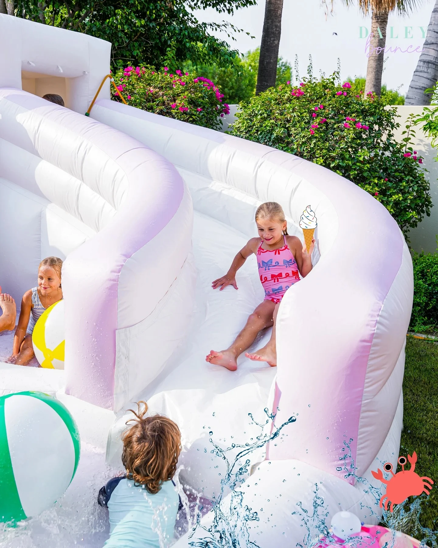 White Pink Obstacle Course Ball Pit Playground Area with Jumping Castle Slide Pool Inflatable Splash Pad for Kids Party  Event