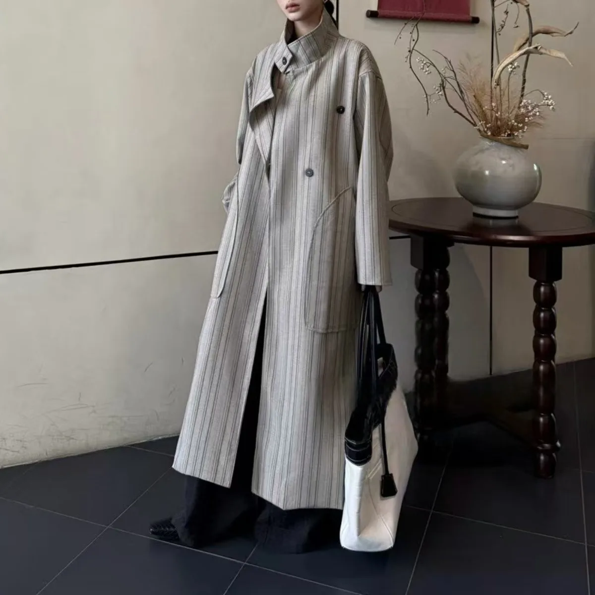 

KWTX 2025 Новый дизайнерский женский плащ, винтажный шикарный цветной блок, полосатый воротник-стойка с поясом, повседневная весенне-осенняя верхняя одежда