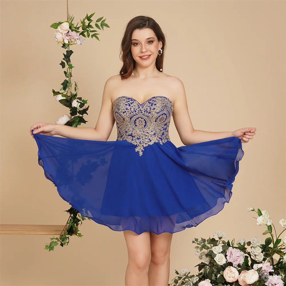 

2025 Short Homecoming Dress with Gold Lace Bodice & Flowy A-Line Skirt,Royal Blue Elegant Cocktail Party Dress for Women