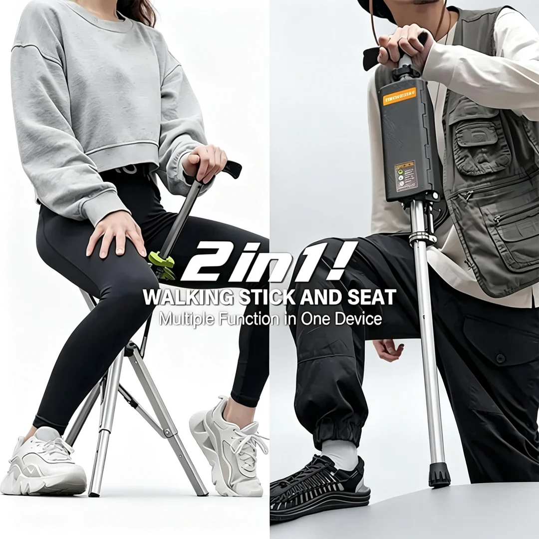 Portable Foldable Walking Stick Chair 2 In 1 Telescopic Seat Cane Lightweight Stool for Hiking Camping Elderly Travel Outdoor