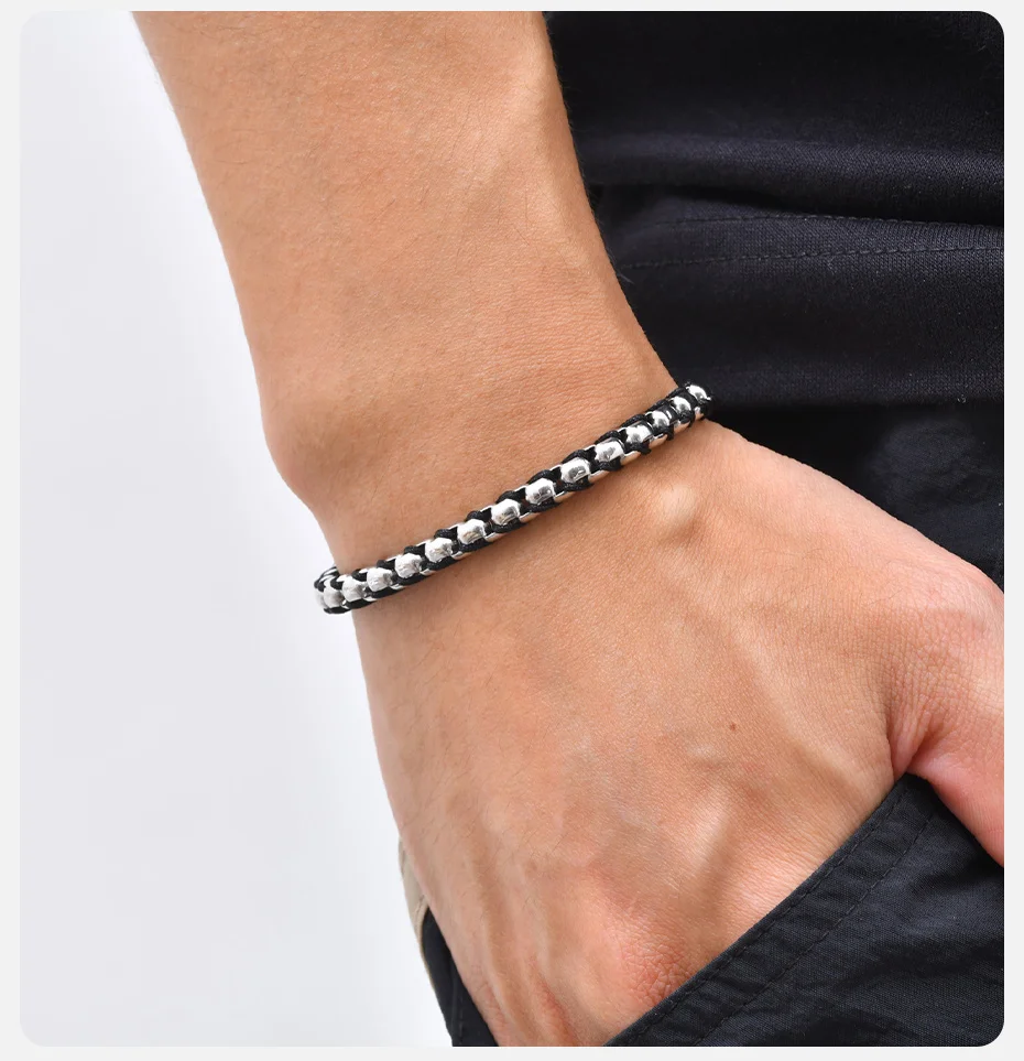 Vnox Edelstahl-Kastenkette Geflochtenes Schwarzes Seil-Armband, Verstellbares Gliederarmband Punk Hip-Hop Schmuck Geschenk für Männer – Detail 3