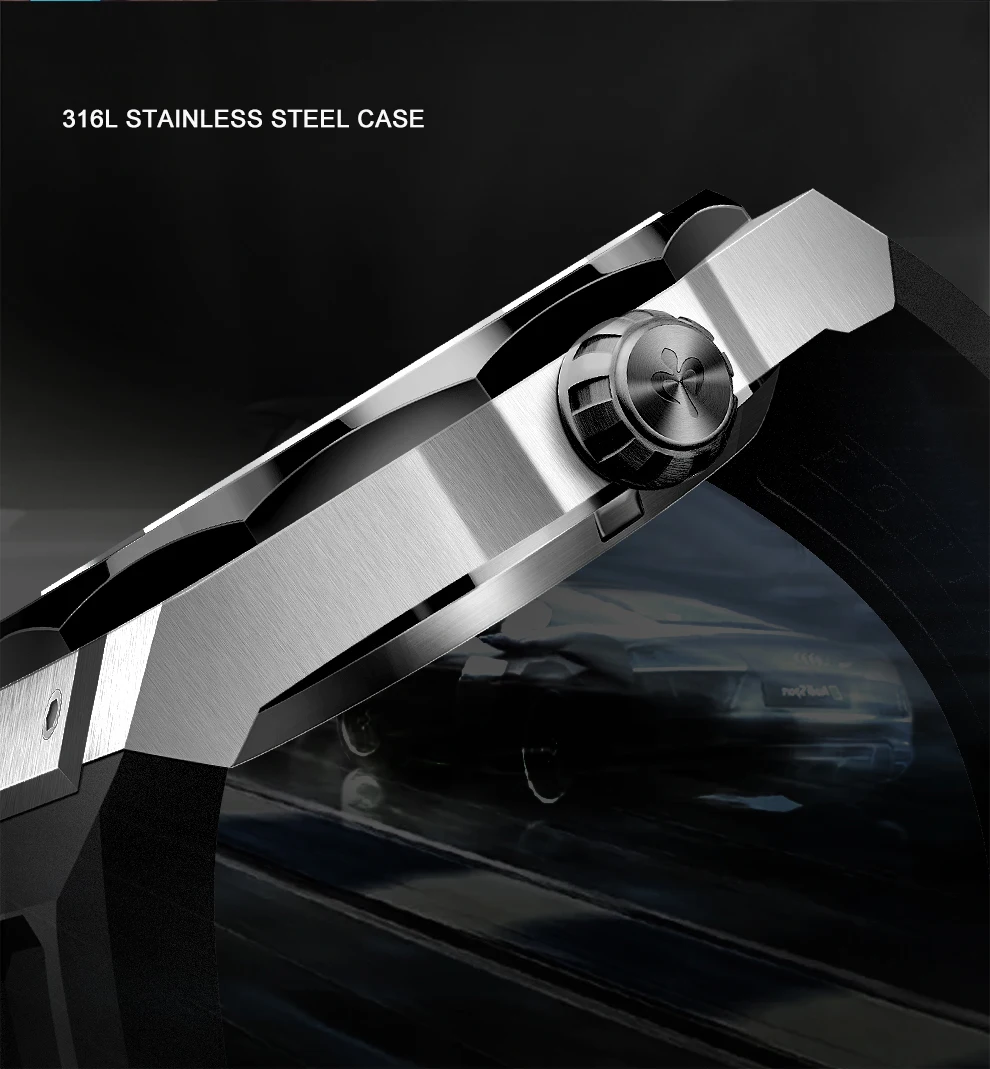 PONIGER Orologio automatico da uomo 42mm Orologio da polso meccanico sportivo Zaffiro luminoso 5ATM Quadrante scheletrato impermeabile Cinturino in caucciù