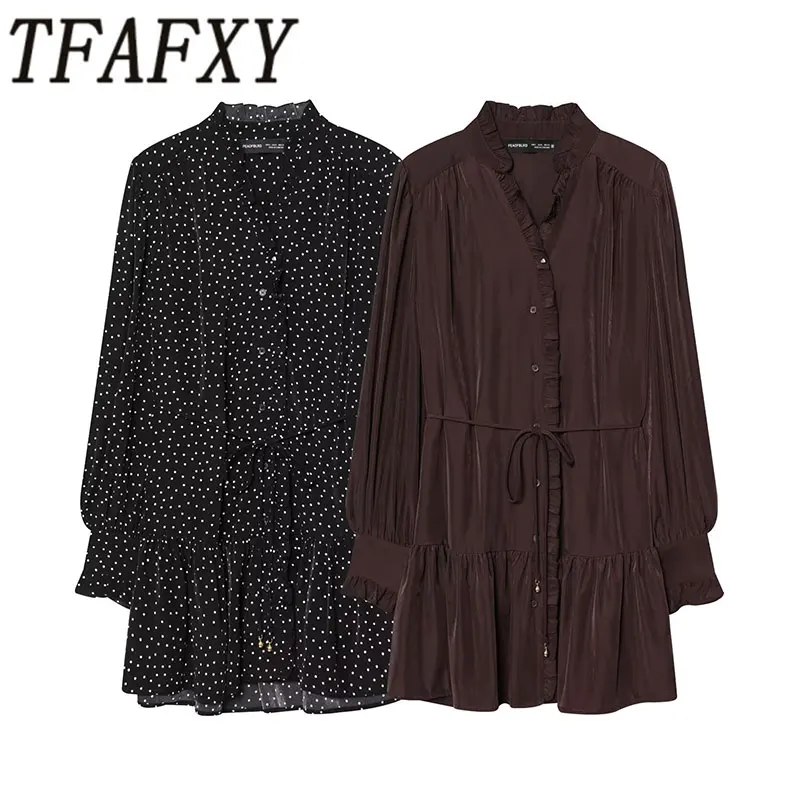 TFAFXY Damen Neues Kleid 2026 Frühling Hemdblusen-Stil V-Ausschnitt Schnürung Langarm Plissee Locker Sitzendes Kurzes Minikleid