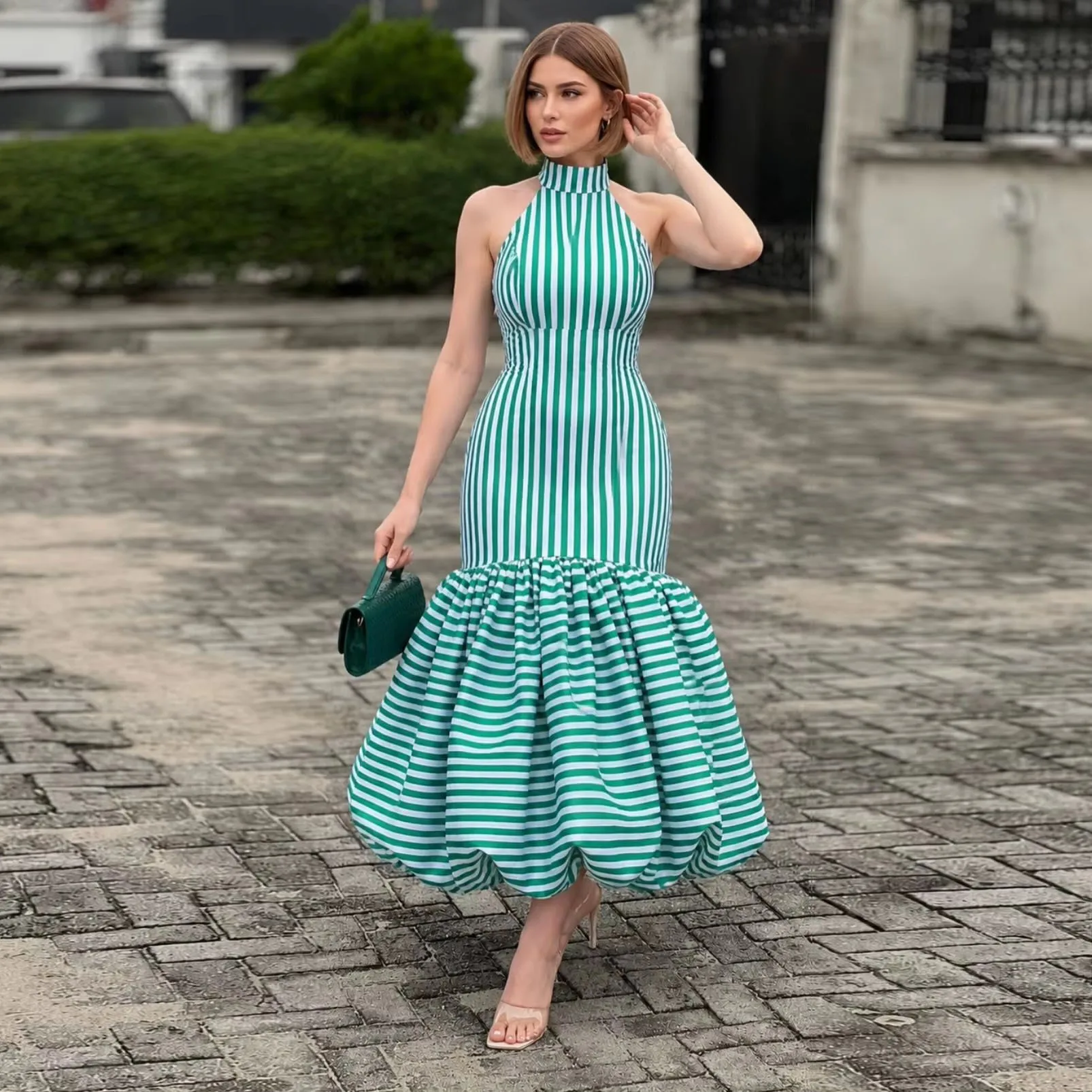 Green Striped Pattern Ankle Length Women Dress Draped Mermaid Formal Gowns Elegant Women Party Dresses Halter Custom Made