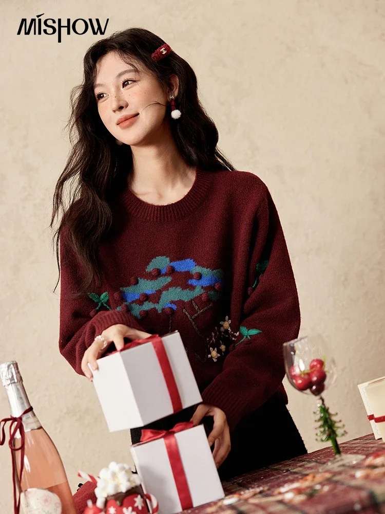 MISHOW Soft Sweaters Women Wool Blend Cherry Tree Pattern Sweets 2024 Winter Clothing Soft Warm Pullovers Knitted Top MXD59Z1147