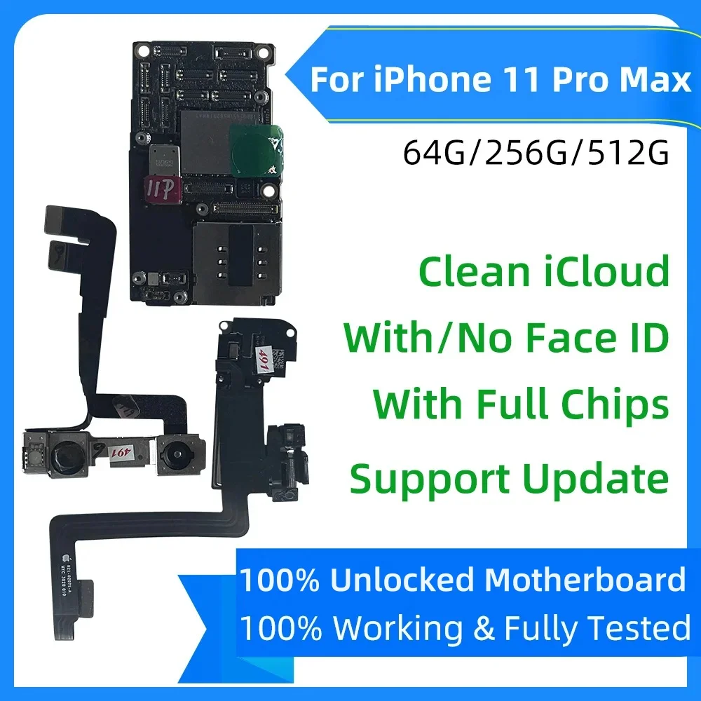 Fully Tested Motherboard For iphone 11 Pro max Mainboard with/NO Face ID Free Clean iCloud RAM 64G 256G Unlocked Logic Board