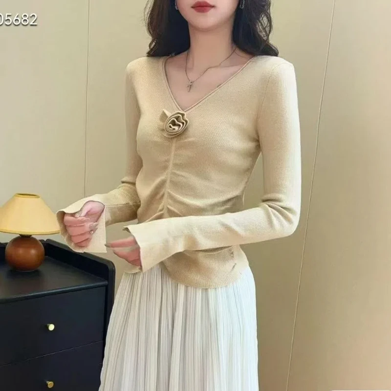 

Pure Desire Style Three Dimensional Flower Fold V-neck Knitted Shirt Long Sleeve New Versatile Fashion Outerwear Bottom Top