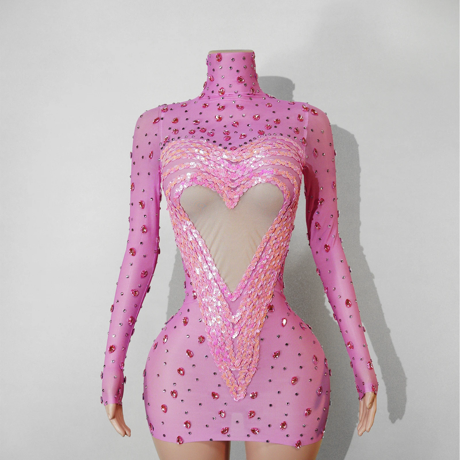 

Luxurious pink sequined crystal net dress, sexy birthday dance party costume, club performance, sexy singer and dancer stage sui