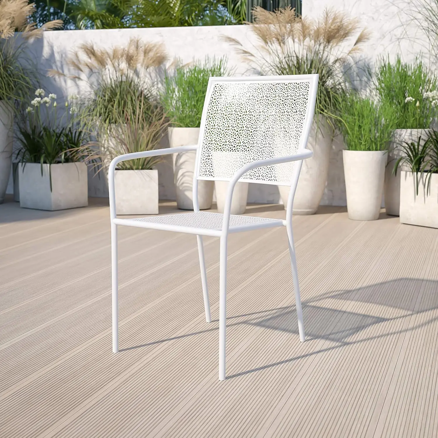 Comfort corner Commercial Grade White Indoor-Outdoor Steel Patio Arm Chair with Square Back