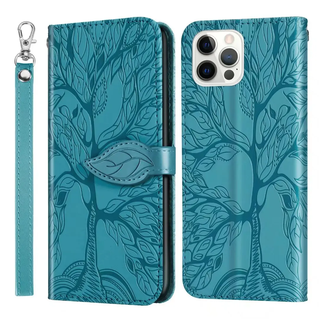 Geprägte 3D-Kunstbaum-Leder-Handy-Mappenhülle für iPhone 16 15 14 13 12 11 Pro Max XS X SE 6 7 8 Plus 16e Karten-Flip-Cover