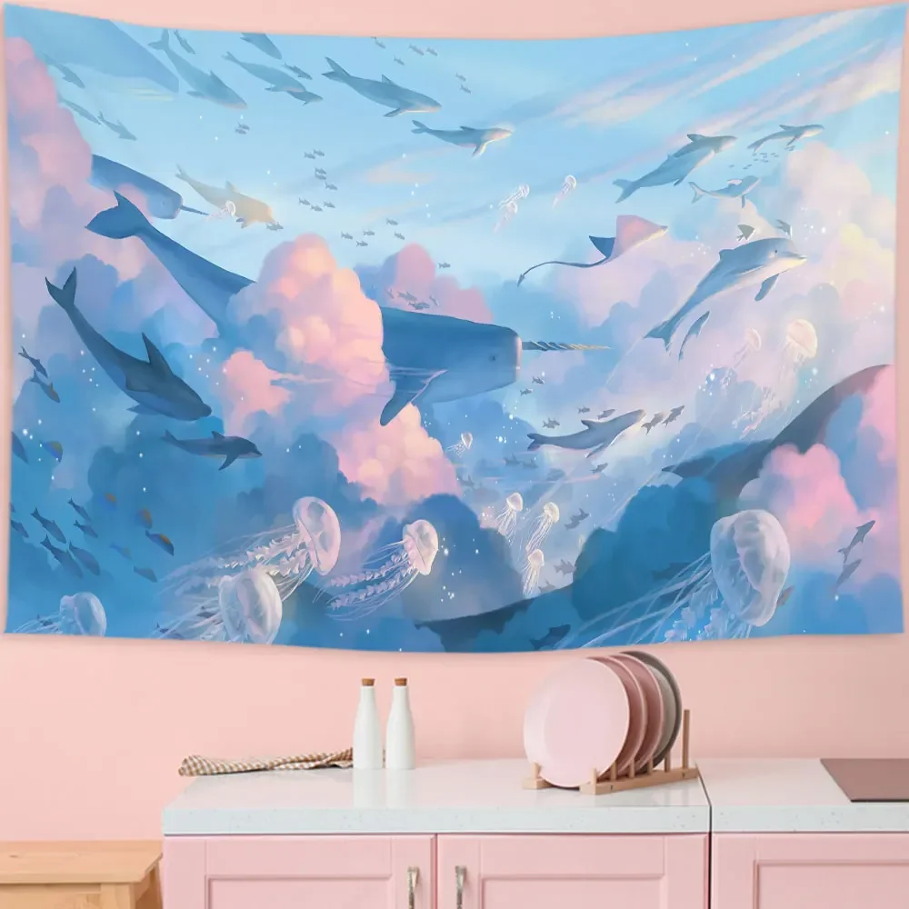 ceu-dos-desenhos-animados-golfinho-tapecaria-parede-pendurado-nuvens-rosa-e-baleias-tapecaria-estetica-kawaii-decoracao-do-quarto-impressao-decoracao-de-casa