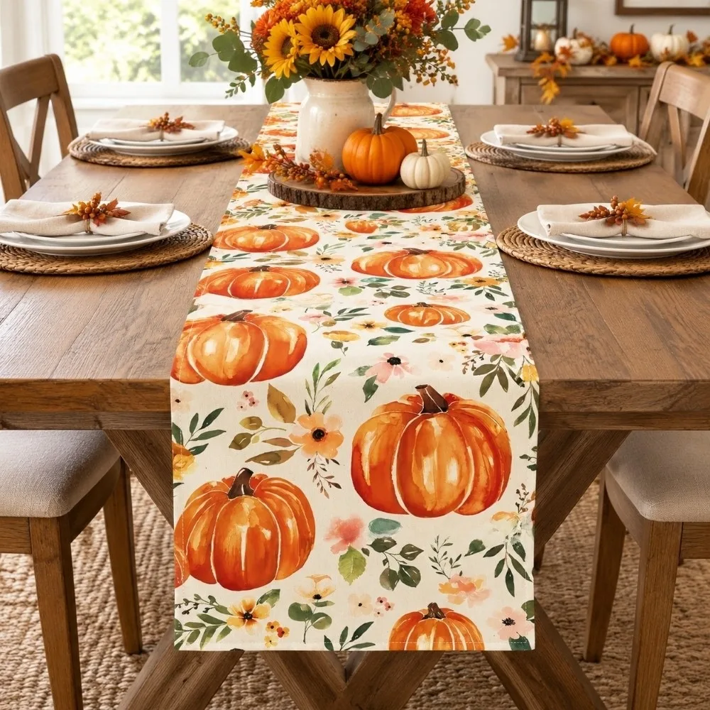 Maple Leaf Pumpkin Table Runner Flower Leaves Autumn Harvest Table Flag Holiday Party Desk Decor Thanksgiving Table Runner