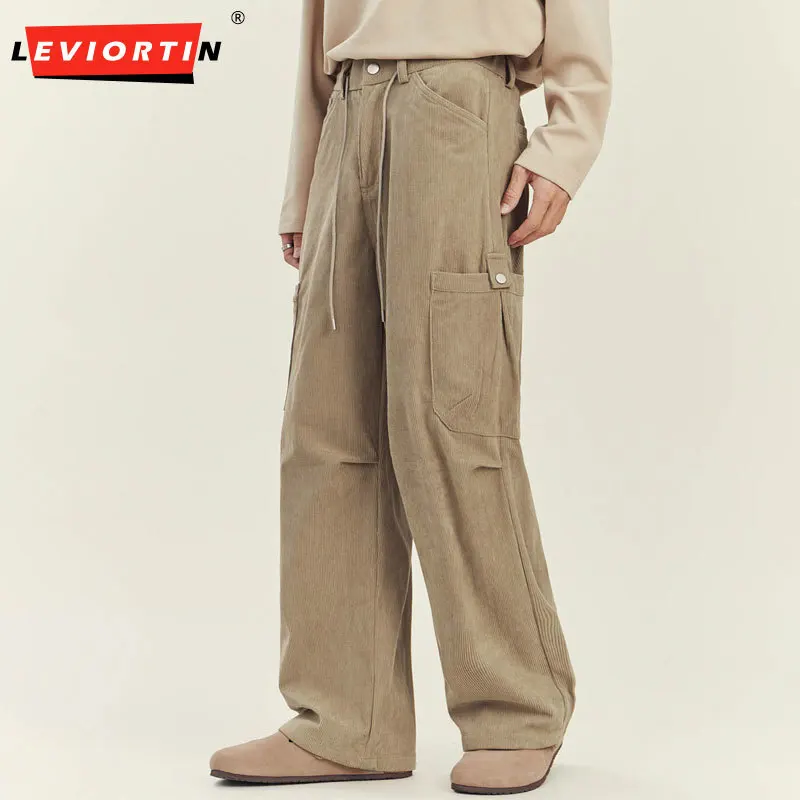 Autumn Winter Men's Paratrooper Cargo Pants Multi Pocket Relaxed Fit Straight Leg Corduroy Casual Trousers Streetwear Aesthetic