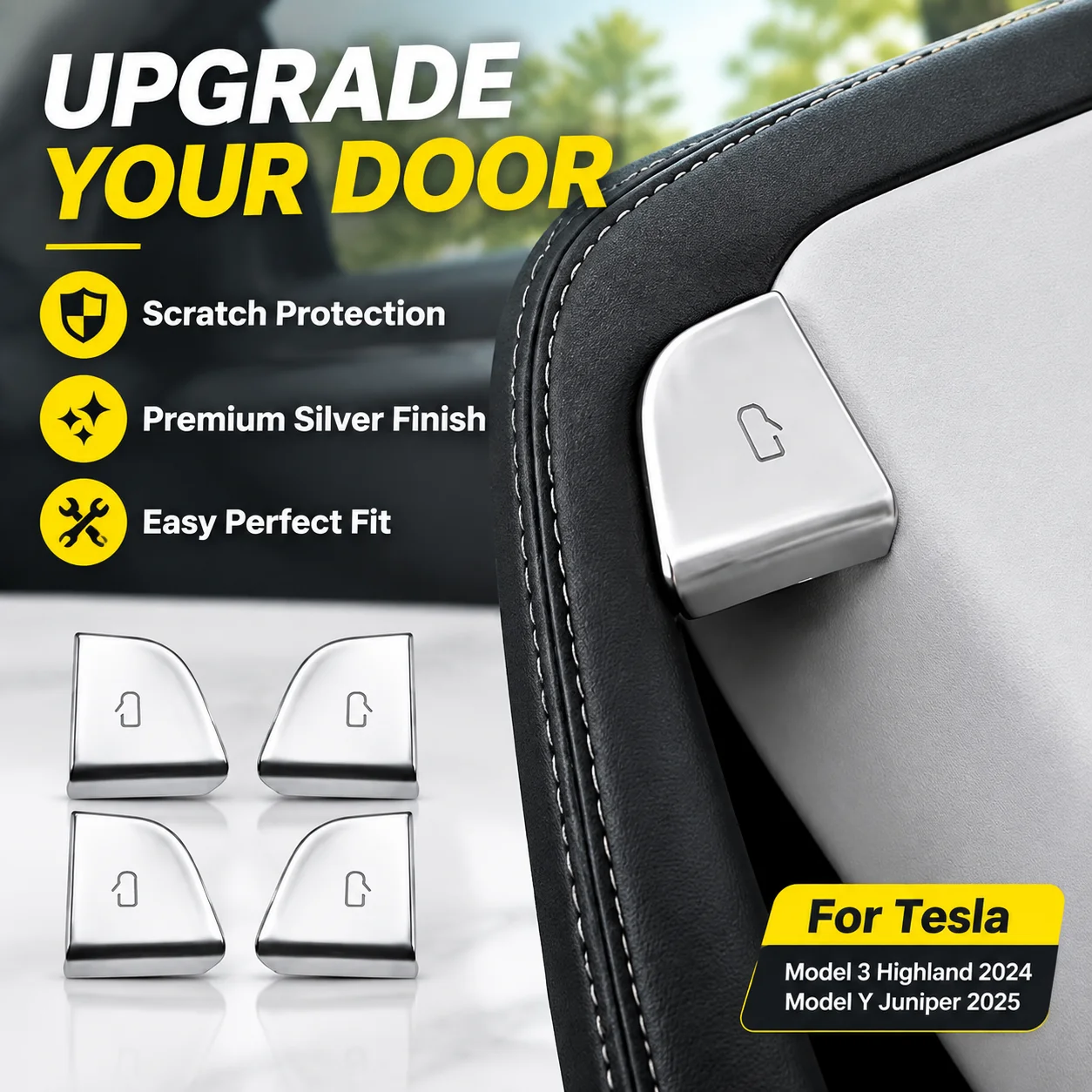 4Pcs Silver Door Release Button Trim Cover for Toyota Highland YL Upgrade Electroplated Decorative Patch Anti-Scratch