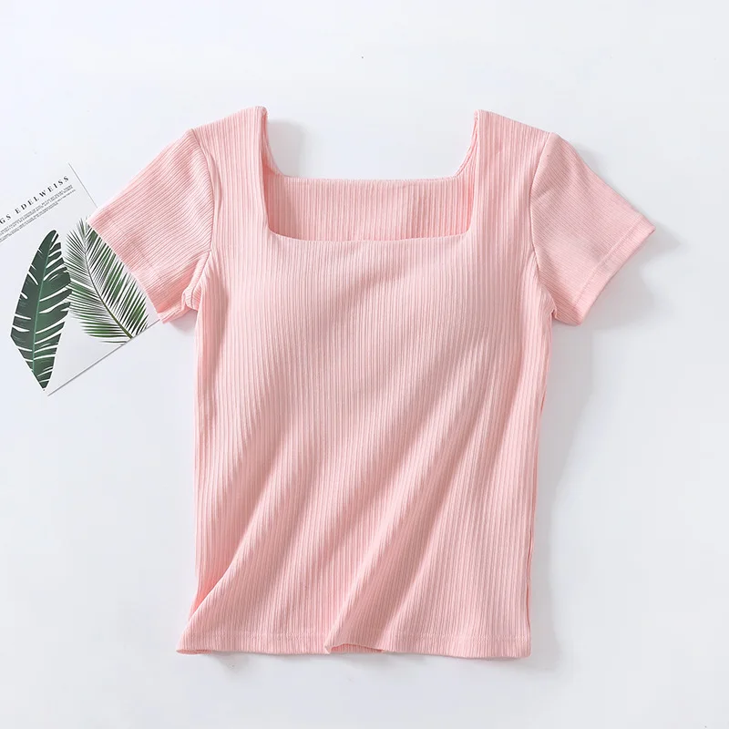 Ribbed Cotton Women\'s T-Shirts Short Sleeve Solid Color Wireless with Padded Bust Slim Base Layers Top Female Blouse C5551