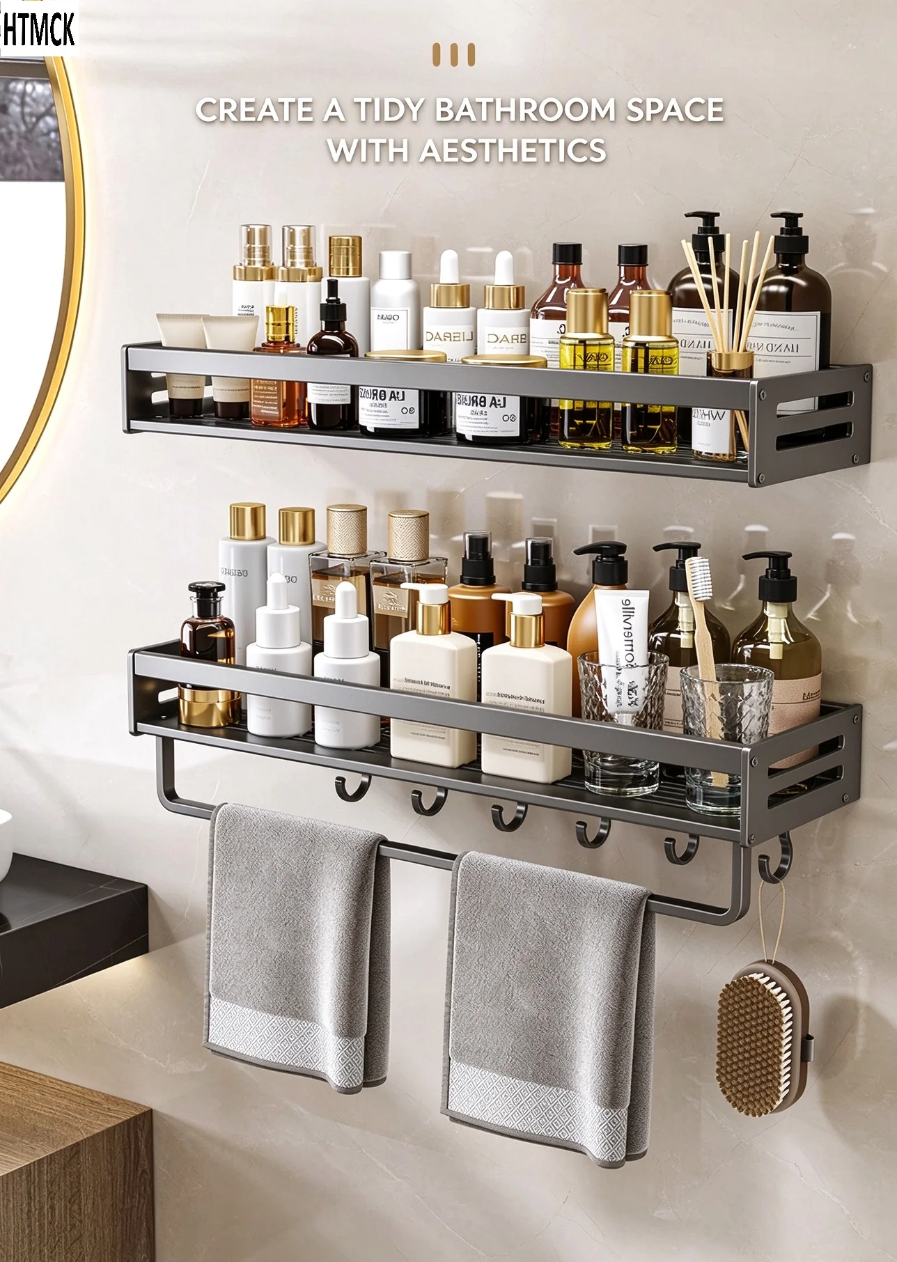 Shower Corner Shelf Aluminum Bathroom Shelf with Towel Bar Shampoo Holder Toilet Rack No Drilling Bathroom Accessories
